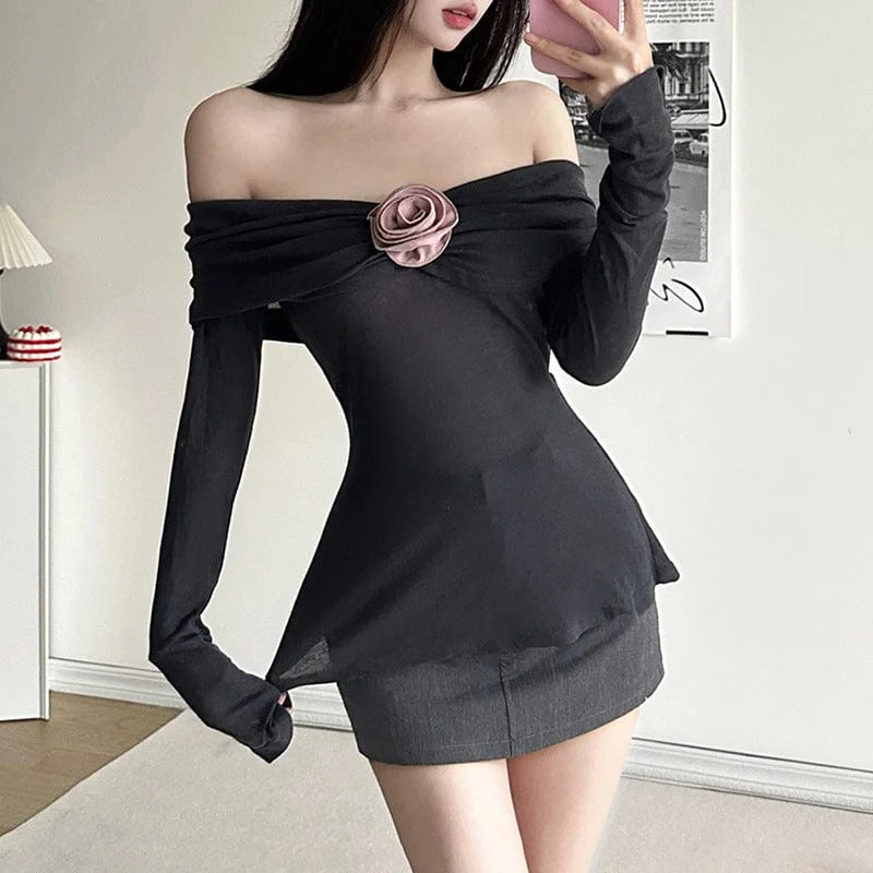 Women's Grunge Flower Off Shoulder Long Sleeved Shirt